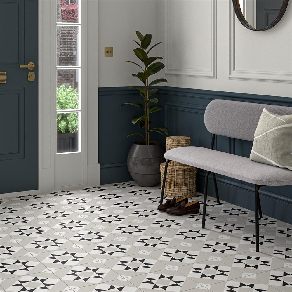 Marlow Grey patterned victorian floor tiles in a hallway